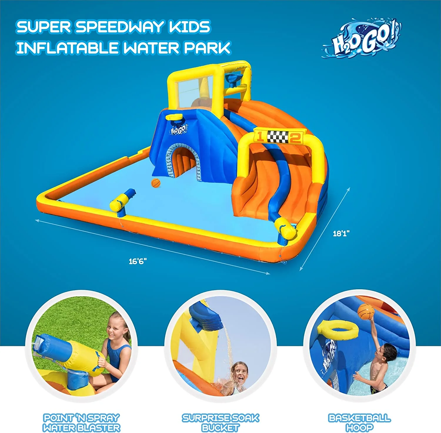 53377 H2OGO!® 18'1" x 16'6" x 8'8"/5.51m x 5.02m x 2.65m Super Speedway Mega Water Park - Image 3
