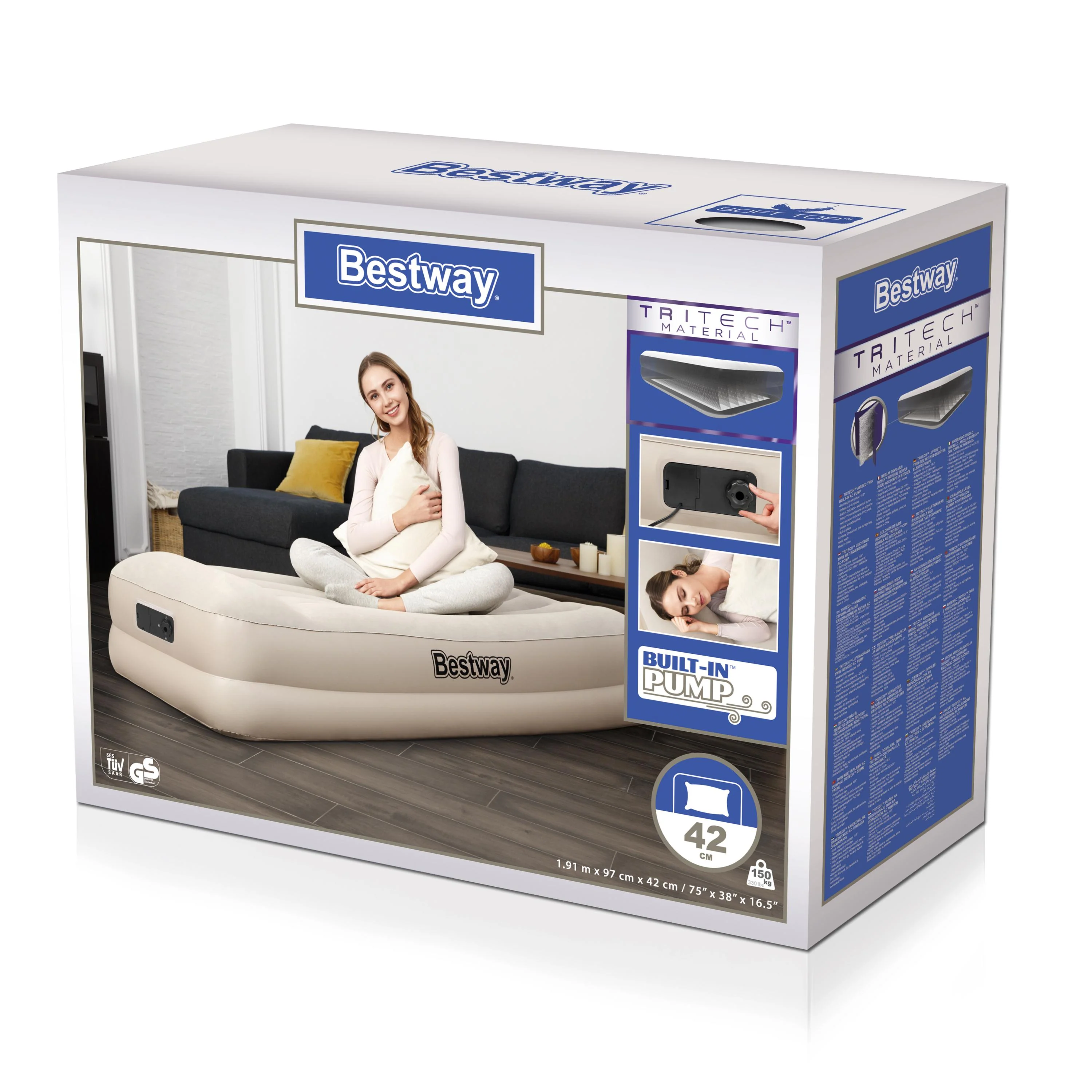 (67694) Bestway® 75" x 38" x 16.5"/1.91m x 97cm x 42cm Tritech Airbed Twin Built-in AC Pump - Image 8