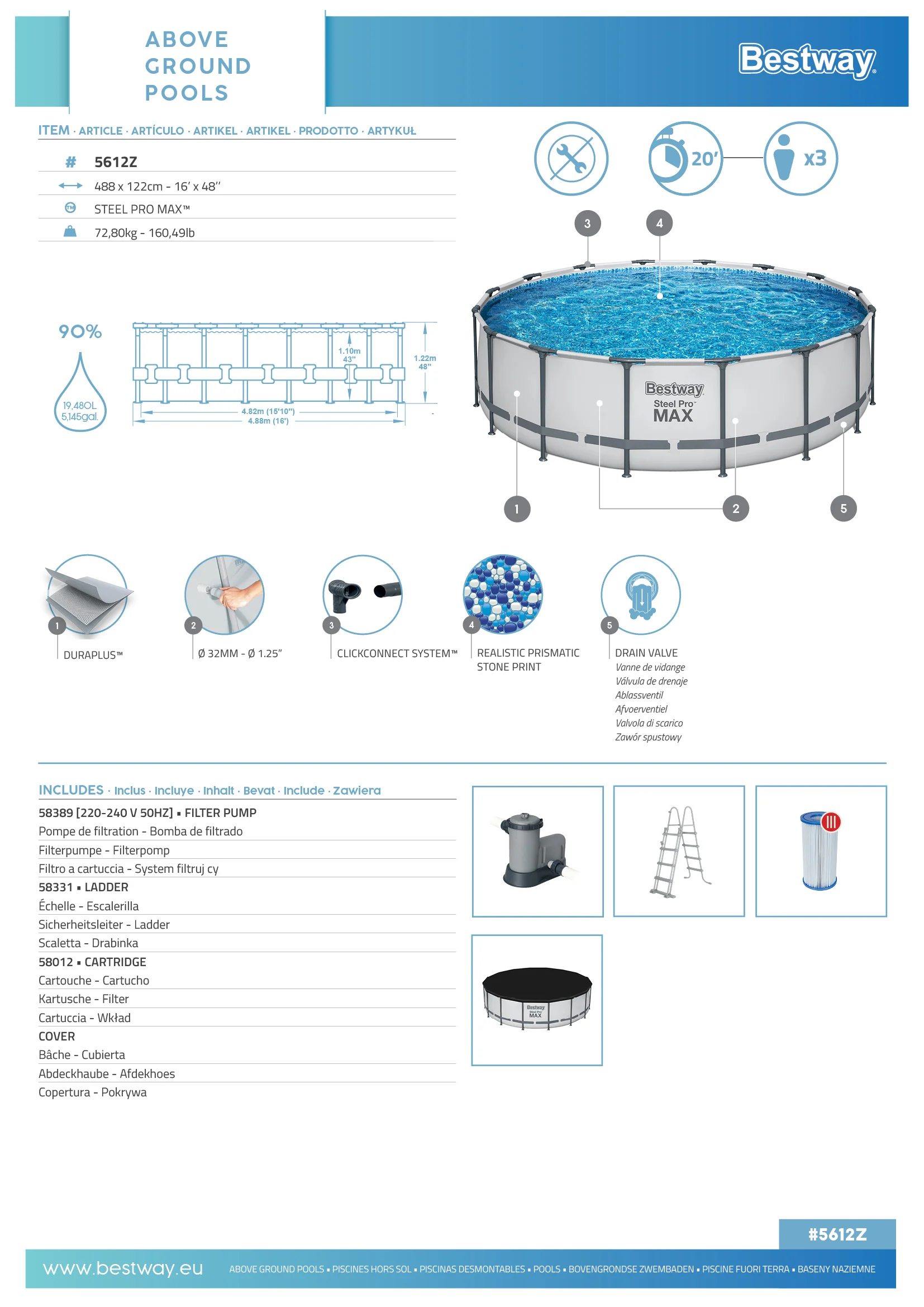 Bestway (5612Z) Steel Pro MAX™ 16' x 48"/4.88m x 1.22m Pool Set - Image 6