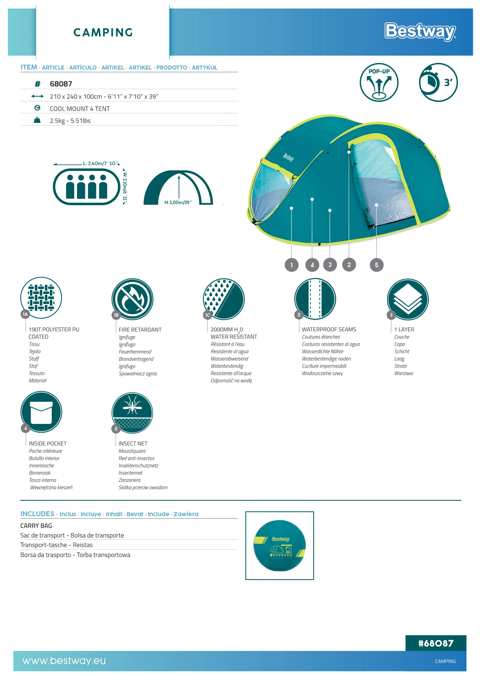 (68087) Bestway Pavillo™ 6.11 Ft x 7.10 Ft x 3.3 ft Coolmount 4 person Tent - Image 3